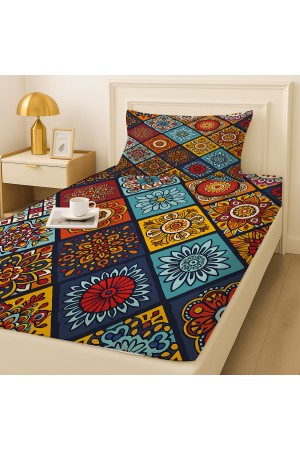 Renkli Karolar Etnik Desenli Lastikli Tek Kişilik Çarşaf Takımı Yastık Kılıflı 100x200cm Renkli Karolar Etnik Desenli Lastikli Tek Kişilik Çarşaf Takımı Yastık Kılıflı 100x200cm