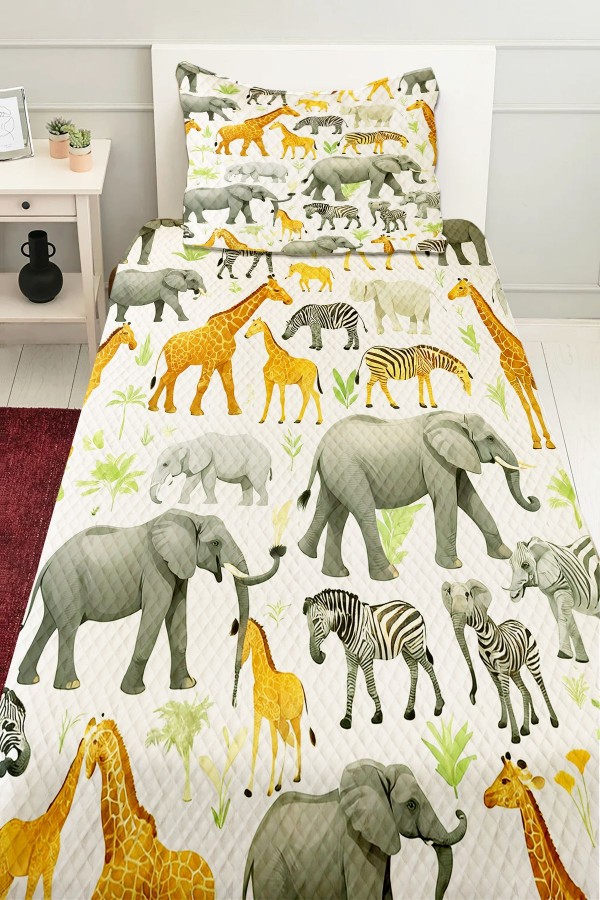 Safari Afrika Hayvanları Desenli Erkek Çocuk Tek Kişilik Pike Takımı Kapitoneli Yatak Örtüsü Safari Afrika Hayvanları Desenli Erkek Çocuk Tek Kişilik Pike Takımı Kapitoneli Yatak Örtüsü