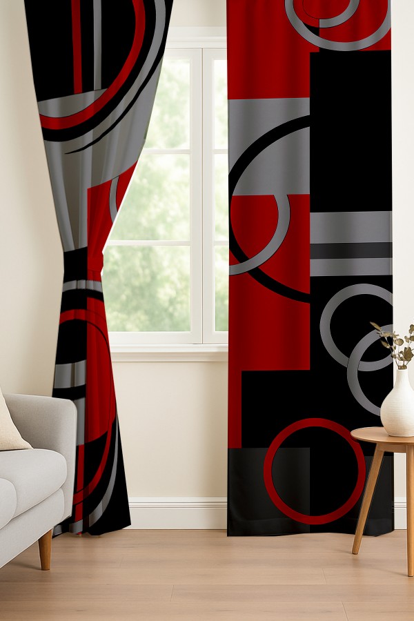 Kırmızı Siyah Gri Geometrik Desenli Çift Kanatlı Fon Perde Süet Oturma Odası Salon Mutfak 140x260cm