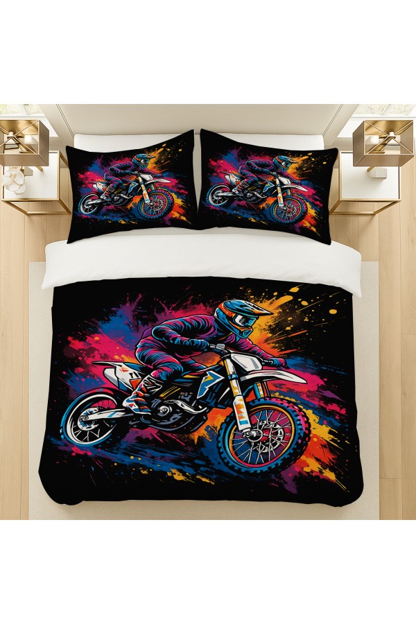 Renkli Motorcu Desenli Pamuk Saten Çift Kişilik Nevresim Takımı 200x220cm Renkli Motorcu Desenli Pamuk Saten Çift Kişilik Nevresim Takımı 200x220cm