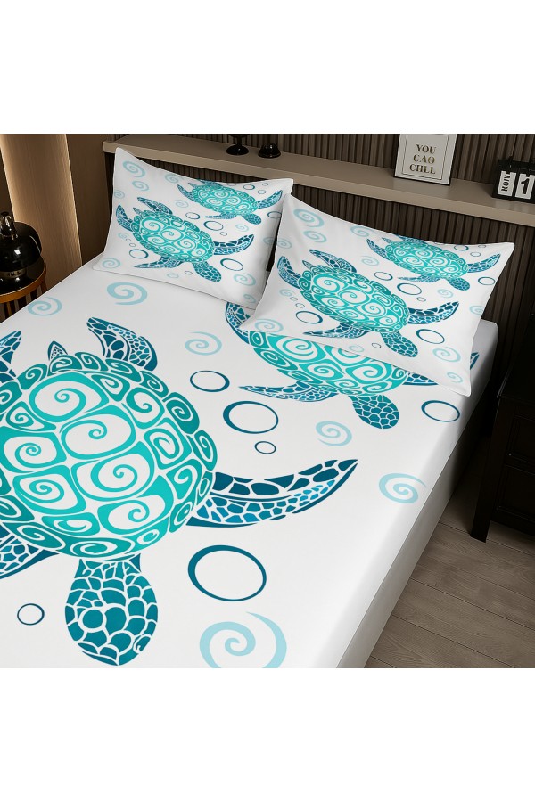 Turkuaz Caretta Kaplumbağa Desenli Lastikli Çift Kişilik Çarşaf Takımı Yastık Kılıflı 160x200cm
