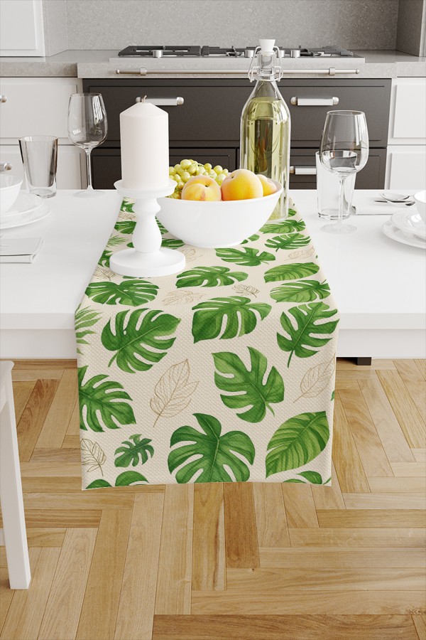 Tropikal Yapraklı Desenli Dijital Baskı Yıkanabilir Dekoratif Runner 40x140cm Tropikal Yapraklı Desenli Dijital Baskı Yıkanabilir Dekoratif Runner 40x140cm