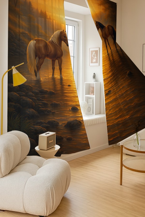 Gün Batımı Atlar Desenli Çift Kanatlı Tül Perde Oturma Odası Salon Mutfak 140x260cm