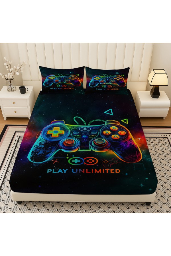 Oyun Konsol Joystick Gamer Desenli Lastikli Çift Kişilik Çarşaf Takımı Yastık Kılıflı 160x200cm