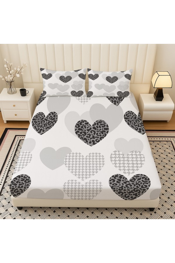 Gri Siyah Kalpler Desenli Lastikli Çift Kişilik Çarşaf Takımı Yastık Kılıflı 160x200cm