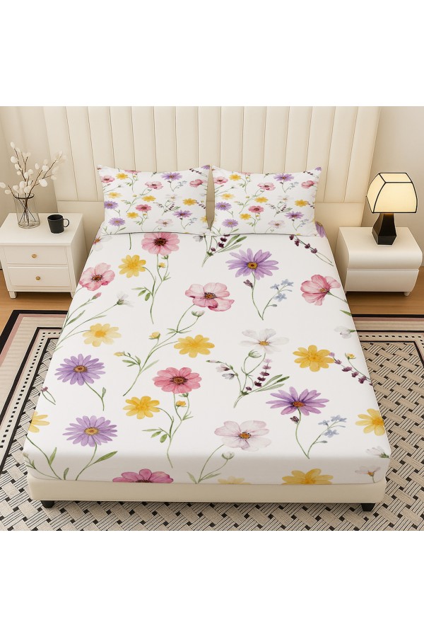 Renkli Bahar Çiçekleri Desenli Lastikli Çift Kişilik Çarşaf Takımı Yastık Kılıflı 160x200cm