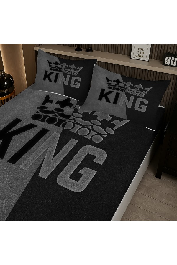 King Kral Gri Desenli Lastikli Çift Kişilik Çarşaf Takımı Yastık Kılıflı 160x200cm