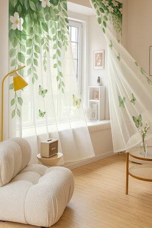 Yeşil Yapraklı Çiçekler Kelebek Desenli Çift Kanatlı Tül Perde Oturma Odası Salon Mutfak Yeşil Yapraklı Çiçekler Kelebek Desenli Çift Kanatlı Tül Perde Oturma Odası Salon Mutfak