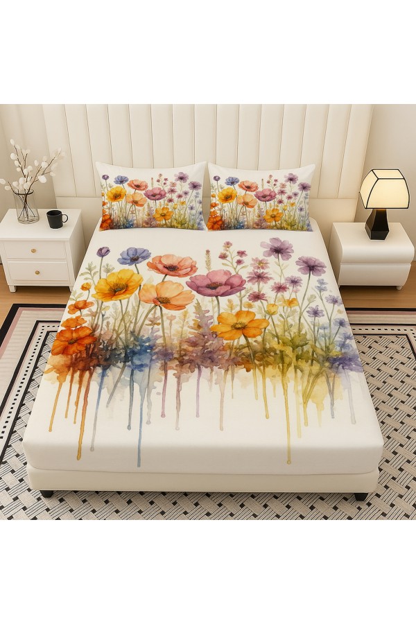 Suluboya Çiçekler Desenli Lastikli Çift Kişilik Çarşaf Takımı Yastık Kılıflı 160x200cm