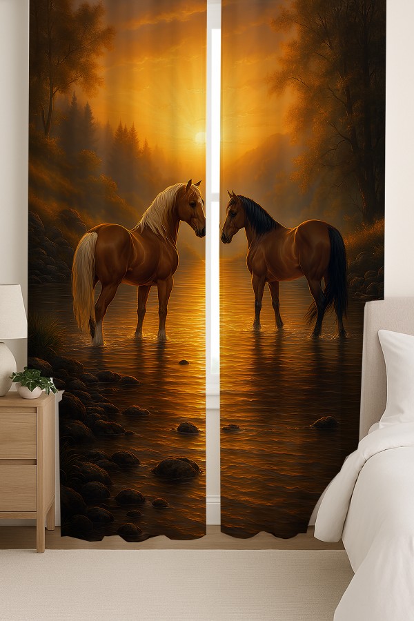 Gün Batımı Atlar Desenli Çift Kanatlı Fon Perde Süet Oturma Odası Salon Mutfak 140x260cm