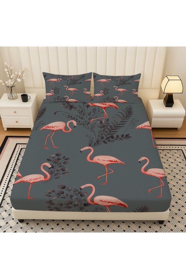 Pembe Flamingo Gri Desenli Lastikli Çift Kişilik Çarşaf Takımı Yastık Kılıflı 160x200cm