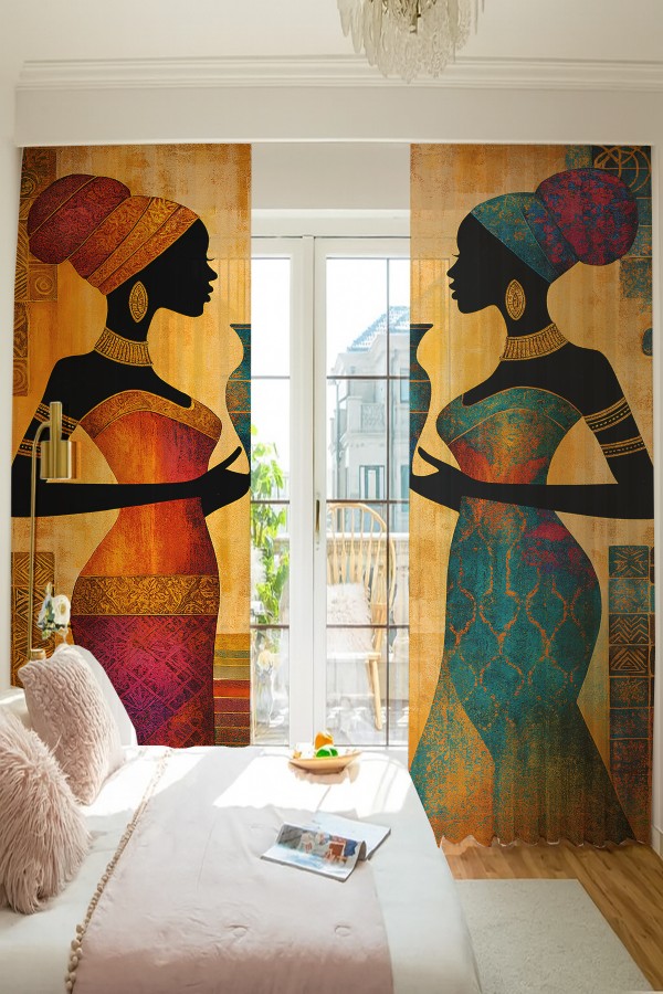 Afrika Silüet Kadın Etnik Desenli Çift Kanatlı Tül Perde Oturma Odası Salon Mutfak 140x260cm Afrika Silüet Kadın Etnik Desenli Çift Kanatlı Tül Perde Oturma Odası Salon Mutfak 140x260cm