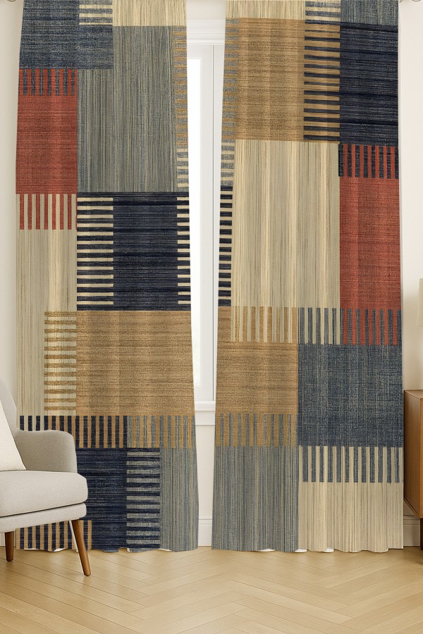 Vintage Geometrik Desenli Çift Kanatlı Fon Perde Süet Oturma Odası Salon Mutfak 140x260cm