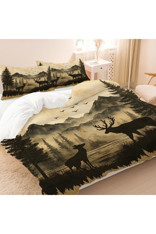 Dağ Manzaralı Geyik Desenli Pamuk Saten Çift Kişilik Nevresim Takımı 200x220cm