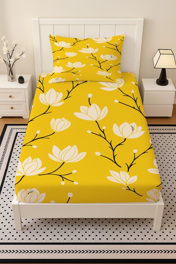 Sarı Beyaz Çiçekler Desenli Lastikli Tek Kişilik Çarşaf Takımı Yastık Kılıflı 100x200cm Sarı Beyaz Çiçekler Desenli Lastikli Tek Kişilik Çarşaf Takımı Yastık Kılıflı 100x200cm