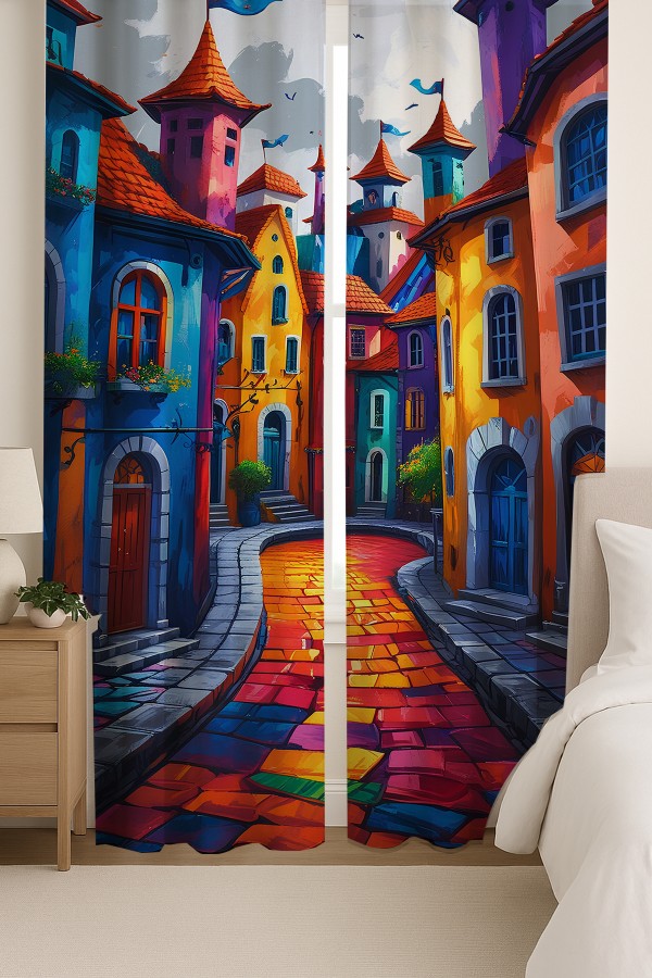 Renkli Sokak Manzaralı Desenli Çift Kanatlı Fon Perde Süet Oturma Odası Salon Mutfak 140x260cm