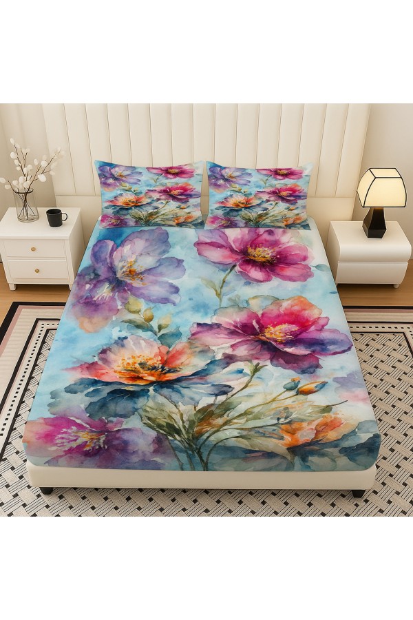 Suluboya Çiçek Desenli Lastikli Çift Kişilik Çarşaf Takımı Yastık Kılıflı 160x200cm