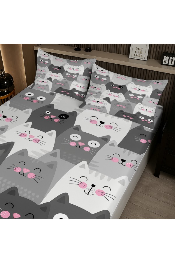 Gri Beyaz Kediler Desenli Lastikli Çift Kişilik Çarşaf Takımı Yastık Kılıflı 160x200cm