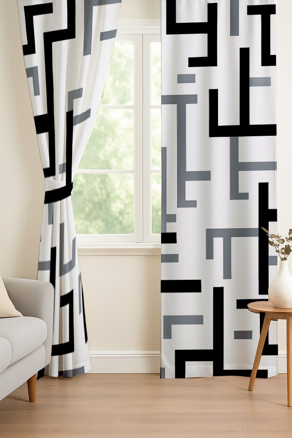 Siyah Gri Geometrik Desenli Çift Kanatlı Fon Perde Süet Oturma Odası Salon Mutfak 140x260cm