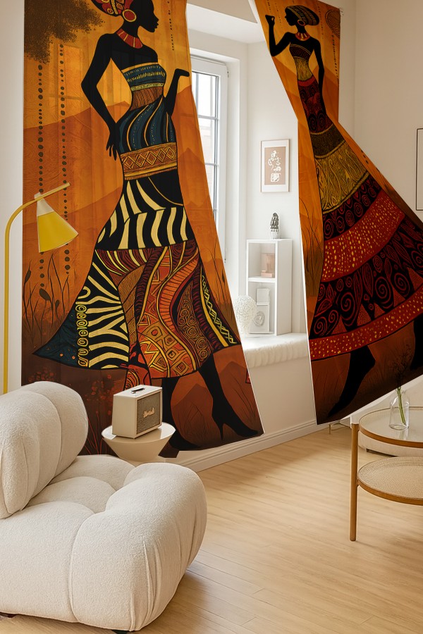 Afrika Etnik Kadın Desenli Çift Kanatlı Tül Perde Oturma Odası Salon Mutfak 140x260cm Afrika Etnik Kadın Desenli Çift Kanatlı Tül Perde Oturma Odası Salon Mutfak 140x260cm