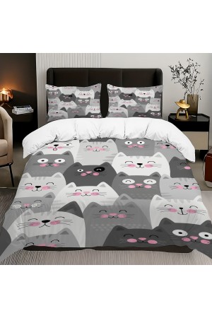 Gri Beyaz Kediler Desenli Pamuk Saten Çift Kişilik Nevresim Takımı 200x220cm Gri Beyaz Kediler Desenli Pamuk Saten Çift Kişilik Nevresim Takımı 200x220cm