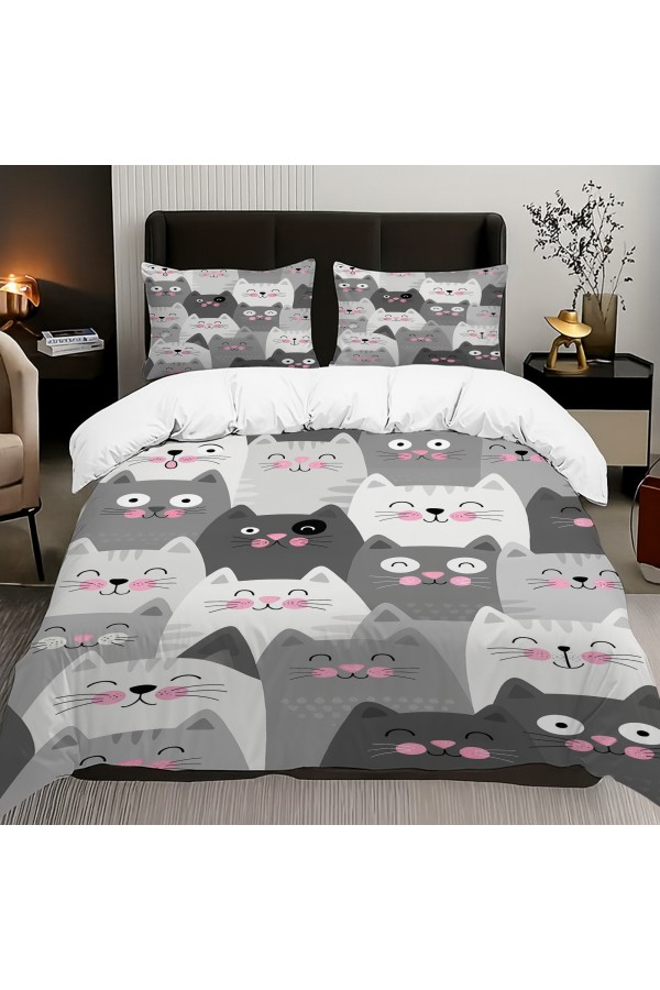Gri Beyaz Kediler Desenli Pamuk Saten Çift Kişilik Nevresim Takımı 200x220cm Gri Beyaz Kediler Desenli Pamuk Saten Çift Kişilik Nevresim Takımı 200x220cm