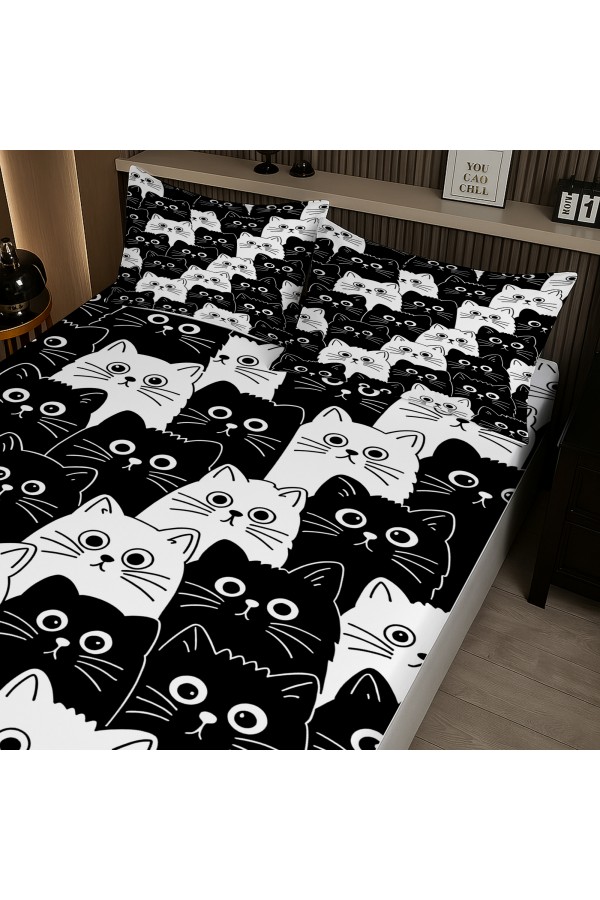 Siyah Beyaz Kediler Desenli Lastikli Çift Kişilik Çarşaf Takımı Yastık Kılıflı 160x200cm Siyah Beyaz Kediler Desenli Lastikli Çift Kişilik Çarşaf Takımı Yastık Kılıflı 160x200cm
