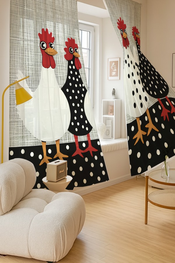 Tavuk Horoz Polka Dot Desenli Çift Kanatlı Tül Perde Oturma Odası Salon Mutfak 140x260cm