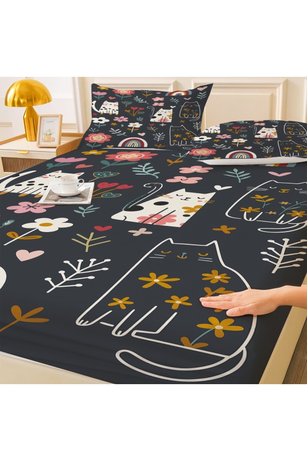 Mistik Kedili Desenli Lastikli Çift Kişilik Çarşaf Takımı Yastık Kılıflı 160x200cm