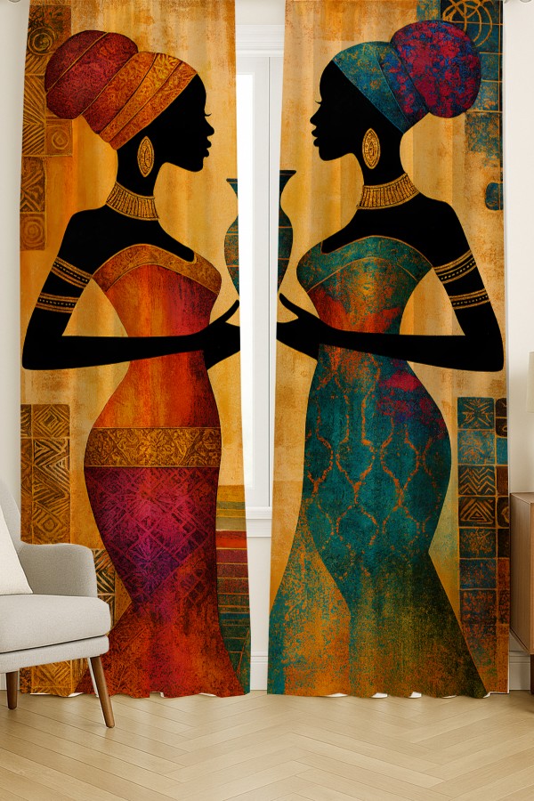 Afrika Silüet Kadın Etnik Desenli Çift Kanatlı Fon Perde Süet Oturma Odası Salon Mutfak 140x260cm