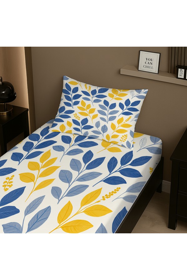 Sarı Lacivert Çiçek Desenli Lastikli Tek Kişilik Çarşaf Takımı Yastık Kılıflı 100x200cm Sarı Lacivert Çiçek Desenli Lastikli Tek Kişilik Çarşaf Takımı Yastık Kılıflı 100x200cm