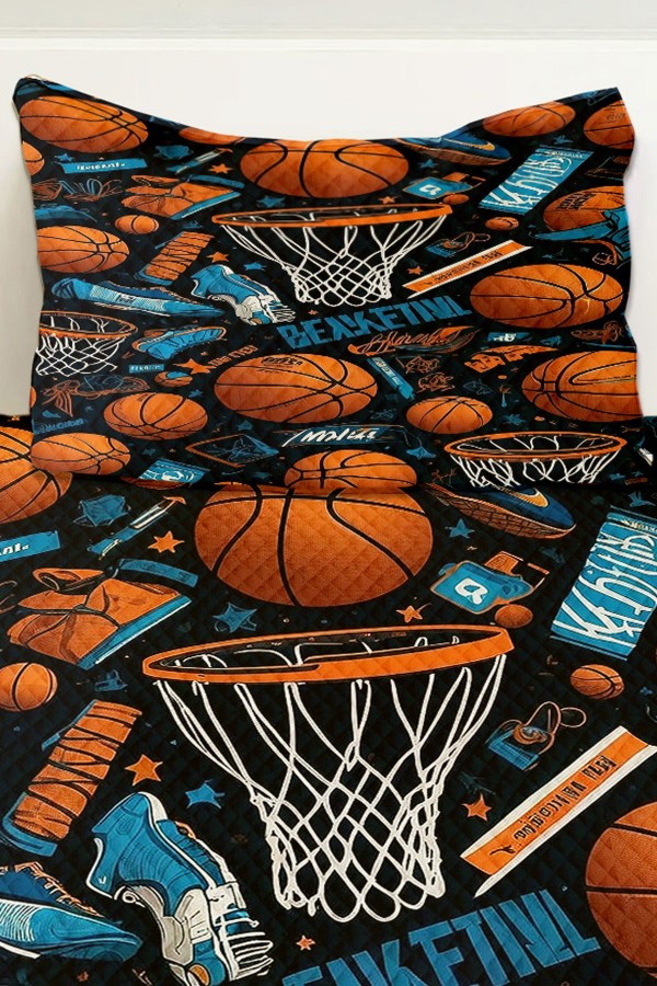 Basketbol Topları Desenli Erkek Çocuk Tek Kişilik Pike Takımı Kapitoneli Yatak Örtüsü
