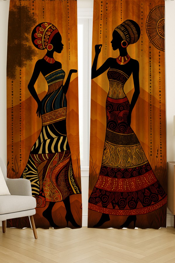 Afrika Etnik Kadın Desenli Çift Kanatlı Fon Perde Süet Oturma Odası Salon Mutfak 140x260cm