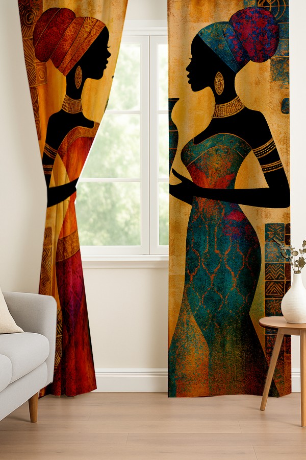 Afrika Silüet Kadın Etnik Desenli Çift Kanatlı Fon Perde Süet Oturma Odası Salon Mutfak 140x260cm