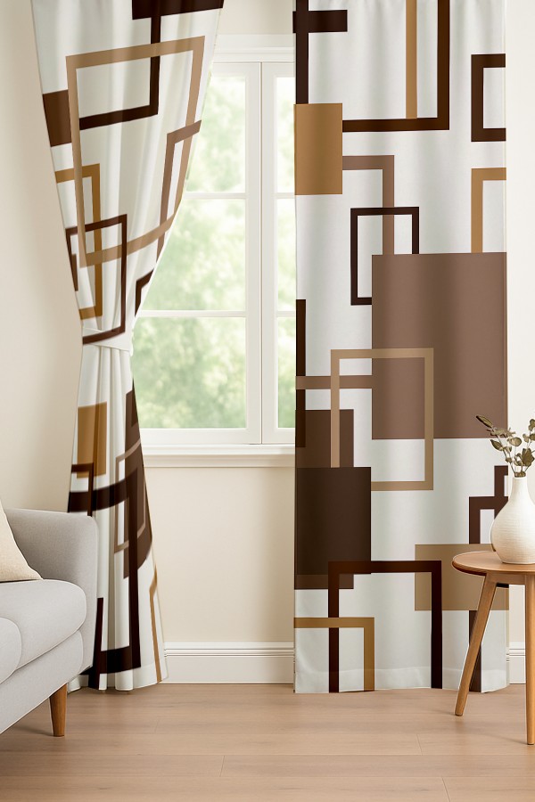 Kahverengi Geometrik Kare Desenli Çift Kanatlı Fon Perde Süet Oturma Odası Salon Mutfak 140x260cm