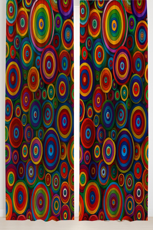 Renkli Retro Halka Desenli Çift Kanatlı Fon Perde Süet Oturma Odası Salon Mutfak 140x260cm