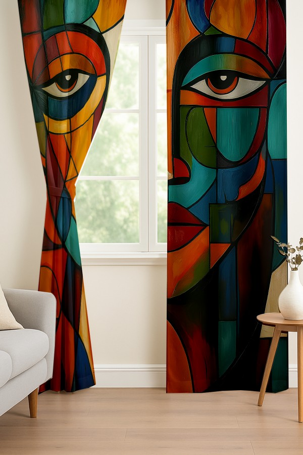 Soyut Yüz Desenli Çift Kanatlı Fon Perde Süet Oturma Odası Salon Mutfak 140x260cm