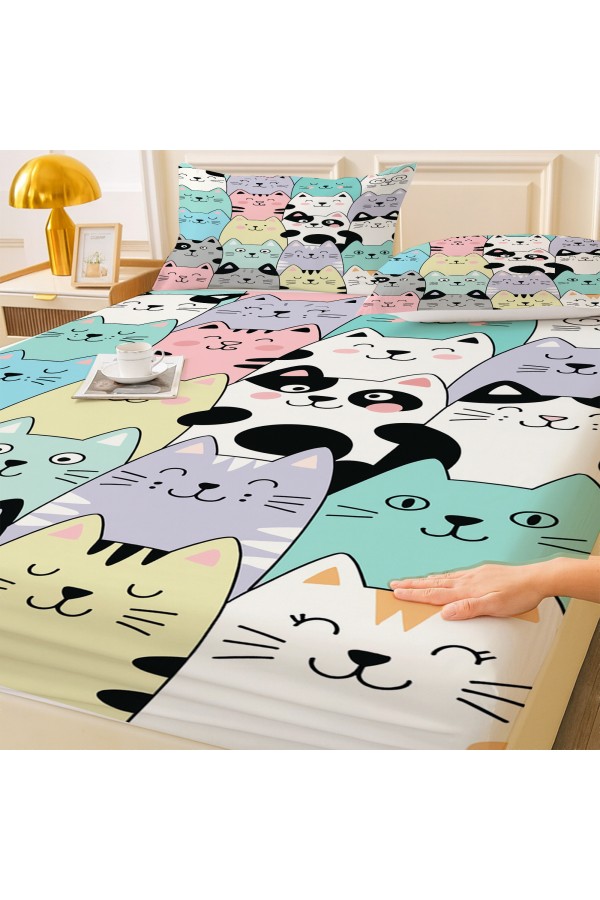 Renkli Kediler Desenli Lastikli Çift Kişilik Çarşaf Takımı Yastık Kılıflı 160x200cm