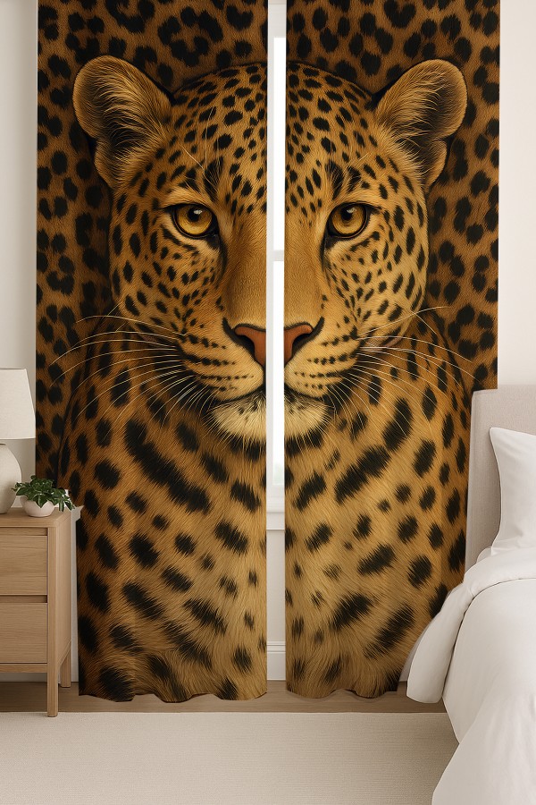 Leopar Desenli Çift Kanatlı Fon Perde Süet Oturma Odası Salon Mutfak 140x260cm