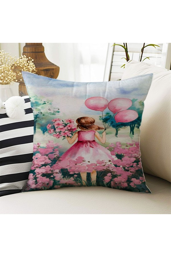Pembe Balonlu Prenses Kız Desenli ÇocukDekoratif Çift Taraflı Kırlent Kılıfı 43x43cm