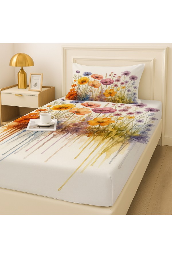 Suluboya Çiçekler Desenli Lastikli Tek Kişilik Çarşaf Takımı Yastık Kılıflı 100x200cm Suluboya Çiçekler Desenli Lastikli Tek Kişilik Çarşaf Takımı Yastık Kılıflı 100x200cm