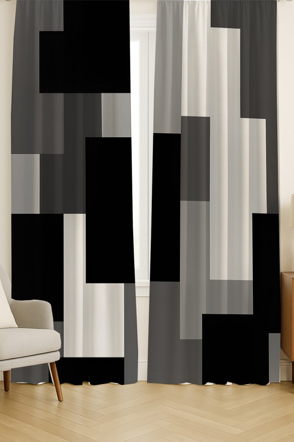 Siyah Gri Blok Geometrik Desenli Çift Kanatlı Fon Perde Süet Oturma Odası Salon Mutfak 140x260cm