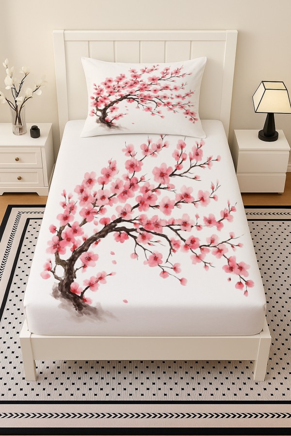 Sakura Pembe Çiçekli Ağaç Desenli Lastikli Tek Kişilik Çarşaf Takımı Yastık Kılıflı 100x200cm Sakura Pembe Çiçekli Ağaç Desenli Lastikli Tek Kişilik Çarşaf Takımı Yastık Kılıflı 100x200cm