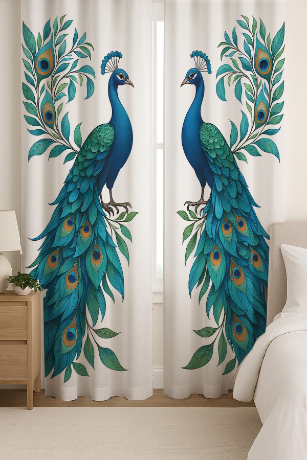 Mavi Tavus Kuşu Desenli Çift Kanatlı Fon Perde Süet Oturma Odası Salon Mutfak 140x260cm