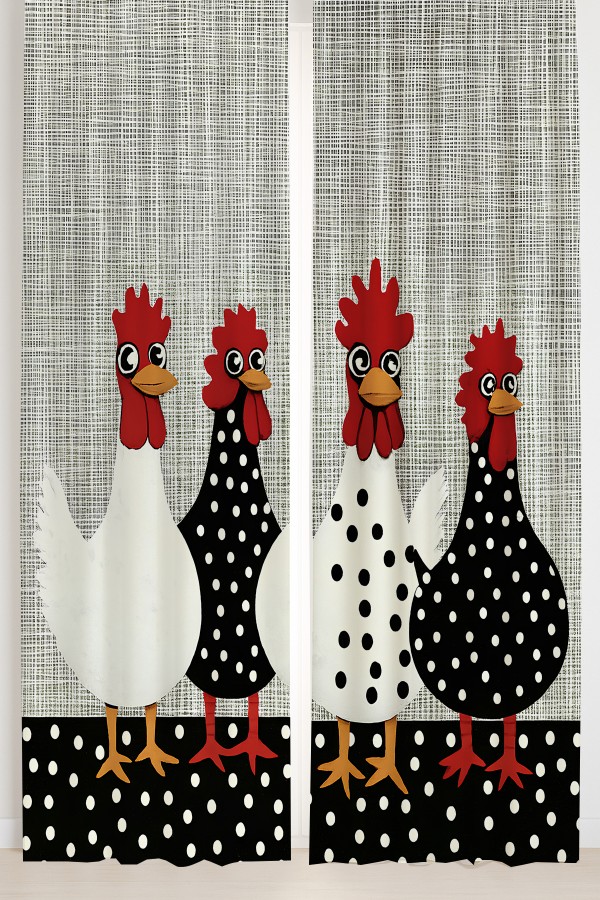 Tavuk Horoz Polka Dot Desenli Çift Kanatlı Fon Perde Süet Oturma Odası Salon Mutfak 140x260cm