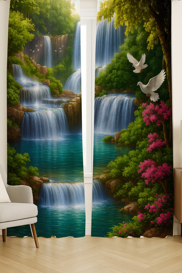 Doğa Manzaralı Şelale Kuş Desenli Çift Kanatlı Fon Perde Süet Oturma Odası Salon Mutfak 140x260cm