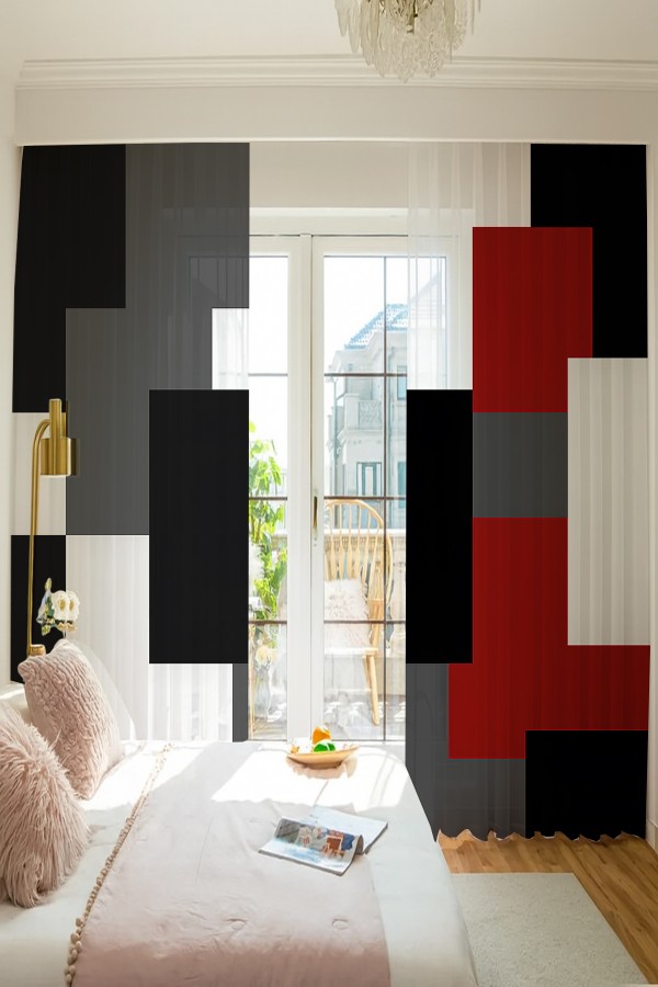 Kırmızı Siyah Gri Blok Geometrik Desenli Çift Kanatlı Tül Perde Oturma Odası Salon Mutfak