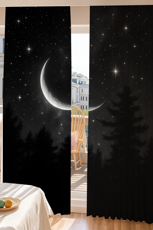 Gece Manzaralı Ay ve Yıldız Desenli Çift Kanatlı Tül Perde Oturma Odası Salon Mutfak 140x260cm