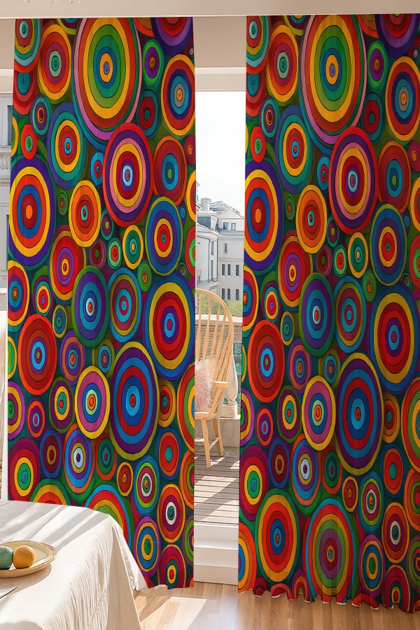 Renkli Retro Halka Desenli Çift Kanatlı Tül Perde Oturma Odası Salon Mutfak 140x260cm