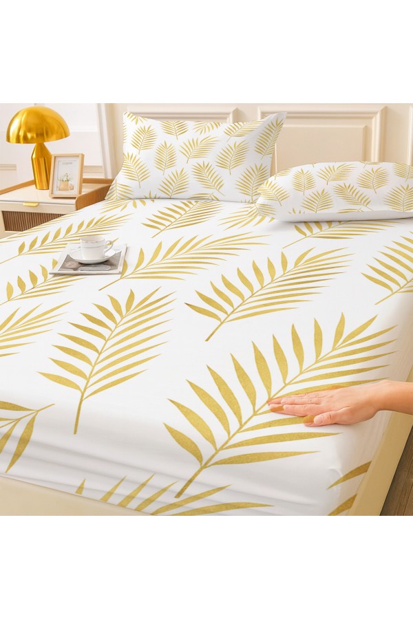 Altın Palmiye Yaprak Desenli Lastikli Çift Kişilik Çarşaf Takımı Yastık Kılıflı 160x200cm